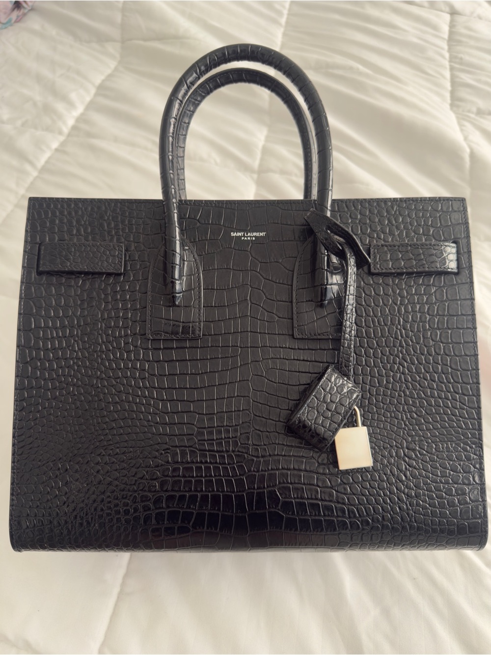 SAC DE JOUR IN CROCODILE-EMBOSSED LEATHER - SMALL BLACK
